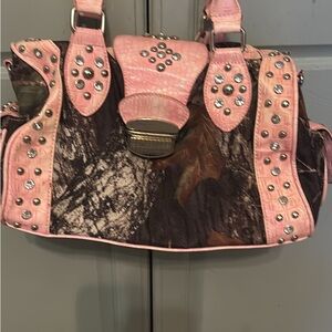 Stud-Embellished Camo Shoulder Bag in Pink Trim
